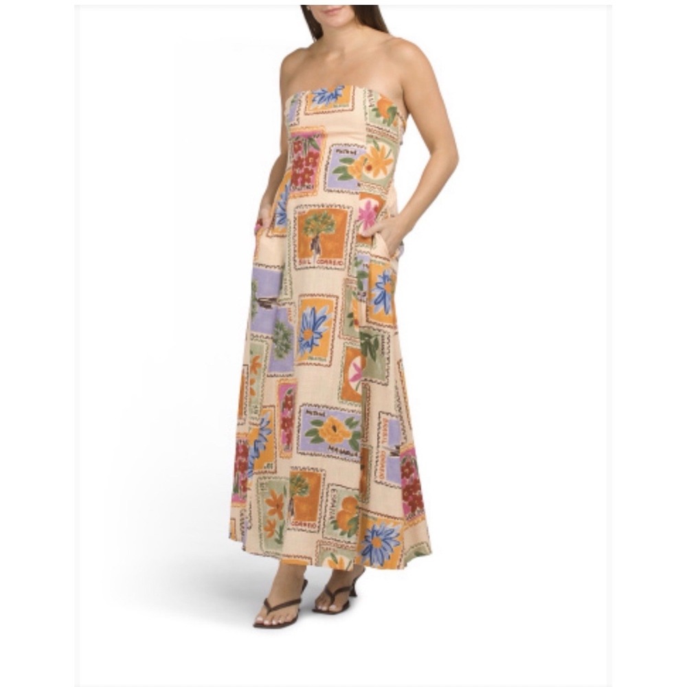 Paper Heart Womens Linen Blend Postage Stamp Print Maxi Dress Orange Small NWT